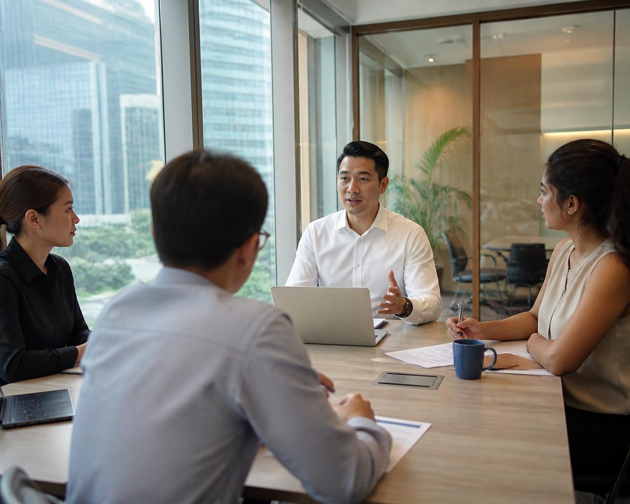 Hiring manager meeting a professional team in a modern Singapore office