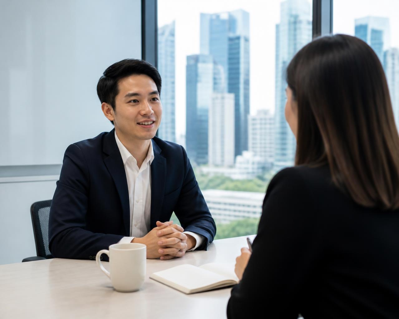 Professional talking with a recruitment consultant in a Singapore office